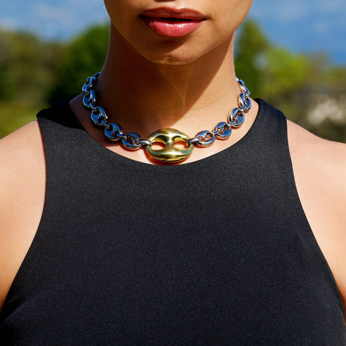 Two Tone Large Link Puffed Mariner Chain Necklace in White & Yellow Gold - 15mm