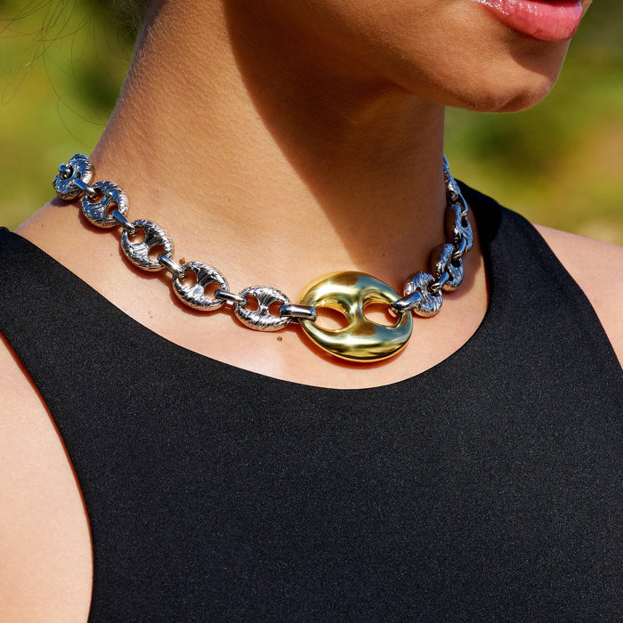 Two Tone Large Link Puffed Mariner Chain Necklace in White & Yellow Gold - 15mm