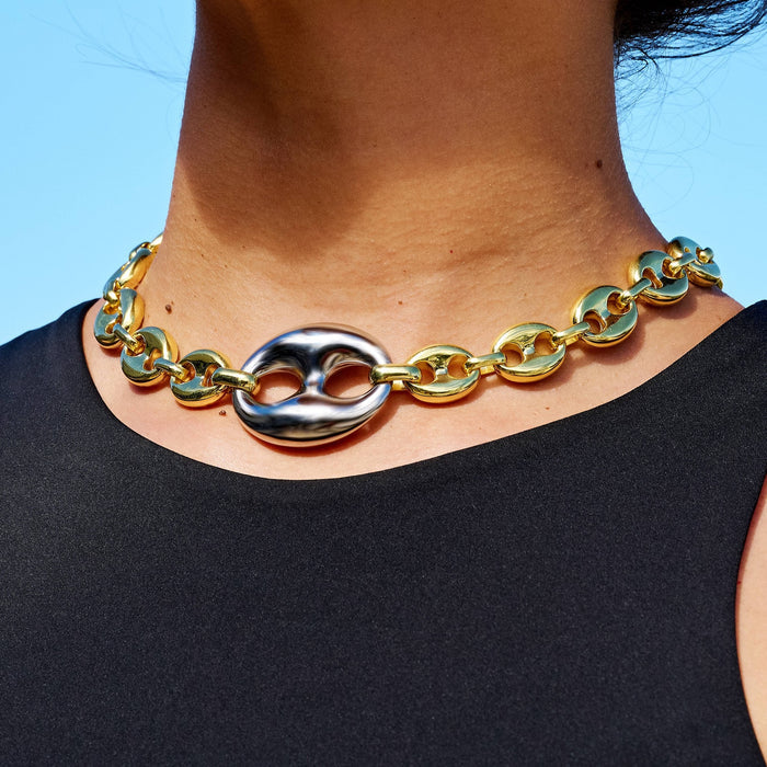 Two Tone Large Link Puffed Mariner Necklace in Yellow & White Gold - 15mm