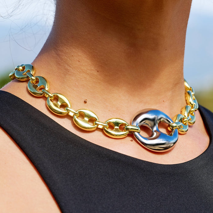 Two Tone Large Link Puffed Mariner Necklace in Yellow & White Gold - 15mm