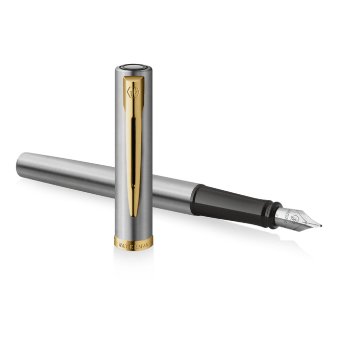 Waterman Impression Fountain Pen - Stainless Steel - Gold Trim - Pen Boutique Ltd