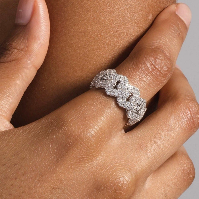 Women's Moissanite Diamond Prong Cuban Ring in White Gold Vermeil