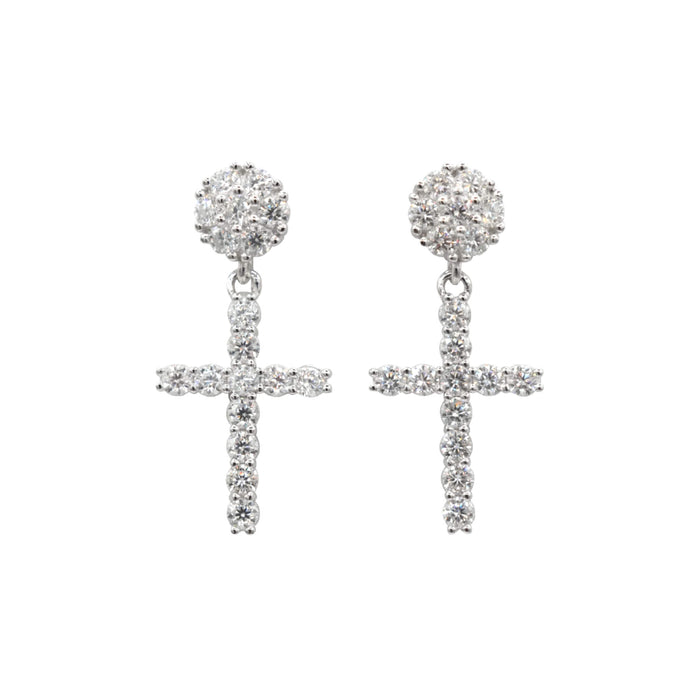 Women's Moissanite Diamond Studded Cross Earring in White Gold Vermeil