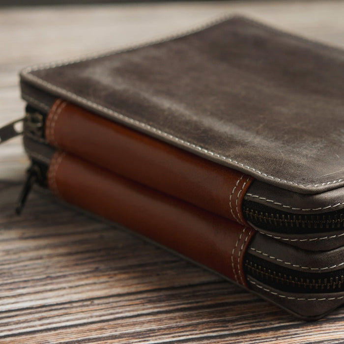 Yak Leather 26 Double Sided Zipped Pen Holder - Nimbus/Tan - Pen Boutique Ltd