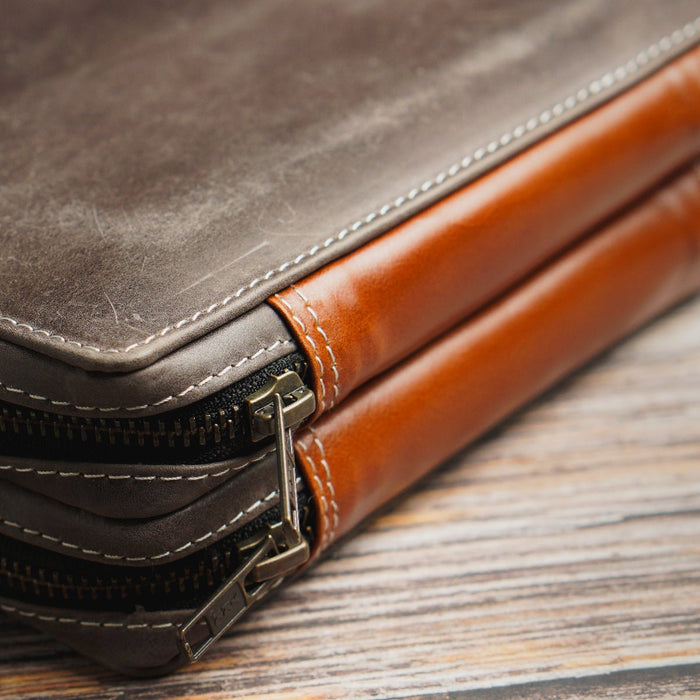 Yak Leather 26 Double Sided Zipped Pen Holder - Nimbus/Tan - Pen Boutique Ltd