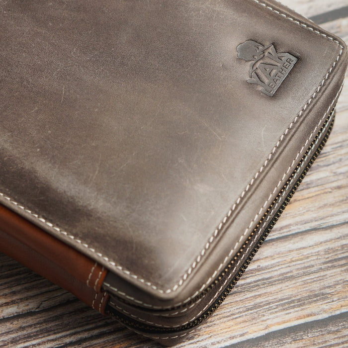 Yak Leather 26 Double Sided Zipped Pen Holder - Nimbus/Tan - Pen Boutique Ltd