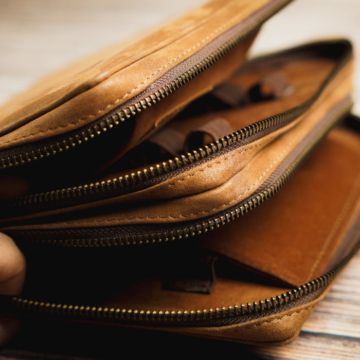 Yak Leather 26 Double Sided Zipped Pen Holder - Tan - Pen Boutique Ltd
